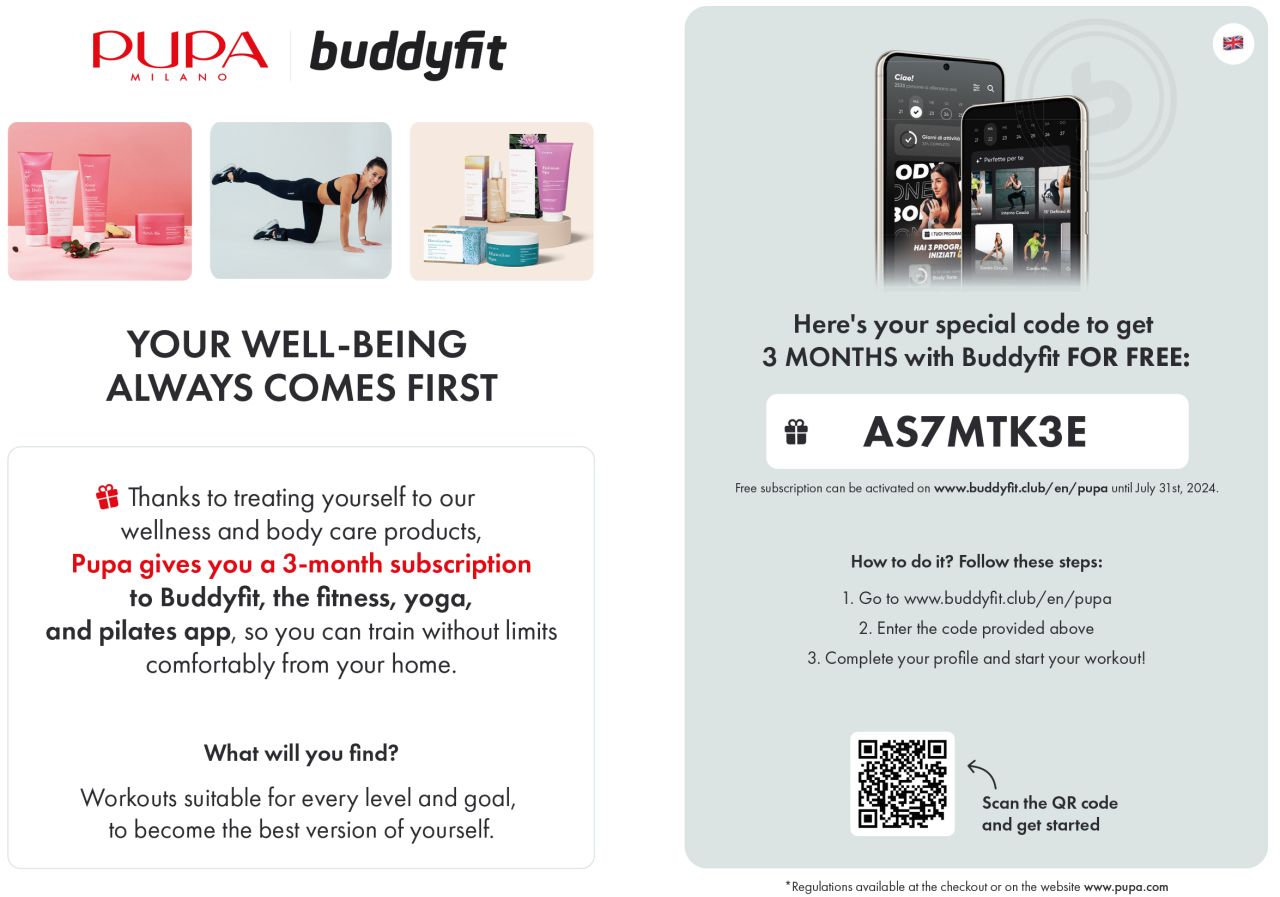 3 mois gratuits chez Buddyfit - PUPA Milano